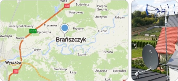Mapa Gminy Brańszczyk i okolic - tu fachowe usługi serwisu, naprawy, instalacji i ustawiania anten TV naziemnych i satelitarnych montaż ustawianie anten TV Brańszczyk - serwis i regulacja anten tv