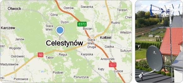 Mapa Gminy Celestynów i okolic - tu fachowe usługi serwisu, naprawy, montażu i ustawiania anten TV naziemnych i satelitarnych Gmina Celestynów w powiecie otwockim usługi antenowe RTV-SAT, montaż, serwis i ustawianie anten