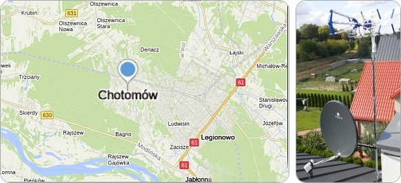 Mapa Chotomowa i okolic powiatu legionowskiego - tu realizujemy fachowe usługi serwisu, naprawy, montażu i ustawiania anten TV naziemnych i satelitarnych Mapa Chotomowa i regionu - usługi RTV-SAT, montaż, serwis i regulacja anten tv