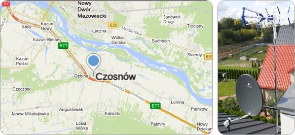 Mapa Gminy Czosnów i okolic - tu fachowe usługi serwisu, naprawy, instalacji i ustawiania anten TV naziemnych i satelitarnych montaż ustawianie anten TV Czosnów - serwis i regulacja anten tv