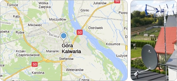 Mapa Gminy Góra Kalwaria i okolic - tu fachowe usługi serwisu, naprawy, instalacji i ustawiania anten TV naziemnych i satelitarnych montaż anten Góra Kalwaria - tu wykonujemy usługi związane z tematem RTV-SAT, instalacja, serwis i regulacja anten tv