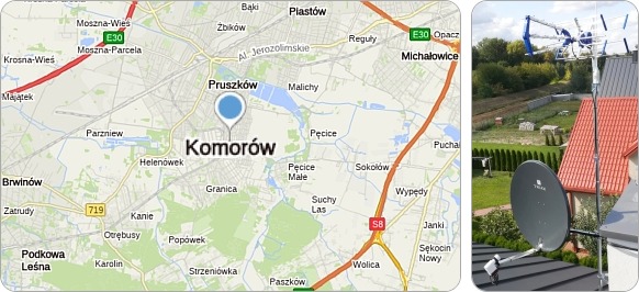 Mapa Komorowa i okolic - tu fachowe usługi serwisu, naprawy, montażu i ustawiania anten TV naziemnych i satelitarnych Komorów w powiecie pruszkowskim i okolice - tu wykonujemy usługi instalacyjne RTV-SAT, montaż, naprawę i ustawianie anten tv