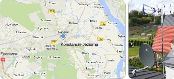 Mapa Konstancina Jeziorny okolic - tu fachowe usługi serwisu, naprawy, montażu i ustawiania anten TV naziemnych i satelitarnych Mapa Konstancina-Jeziorny i okolic - usługi RTV-SAT, montaż, serwis i ustawianie anten tv
