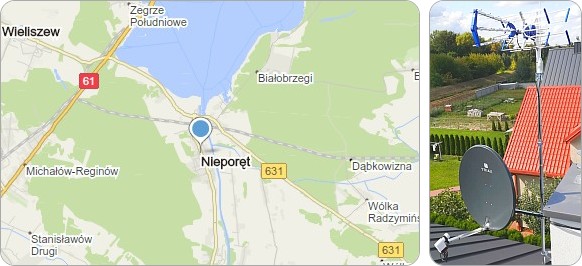 Mapa Nieporętu i okolic gdzie wykonujemy usługi RTV-SAT związane z instalacjami antenowymi Nieporęt mapa - tu naprawiamy anteny tv, montaż, ustawianie i serwis anten