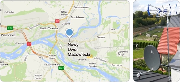 Mapa Nowego Dworu Mazowieckiego i okolic - usługi RTV-SAT, montaż, serwis i regulacja anten tv