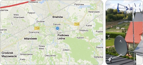 Mapa Podkowy Leśnej i okolic - tu fachowe usługi serwisu, naprawy, montażu i ustawiania anten TV naziemnych i satelitarnych Podkowa Leśna - mapa okolic - usługi RTV-SAT, montaż, naprawa i ustawianie anten tv