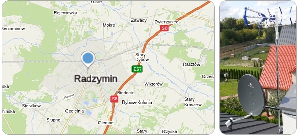 Mapa Gminy Radzymin i okolic - tu fachowe usługi serwisu, naprawy, instalacji i ustawiania anten TV naziemnych i satelitarnych montaż anten Radzymin - tu wykonujemy usługi związane z tematem RTV-SAT, instalacja, serwis i regulacja anten tv