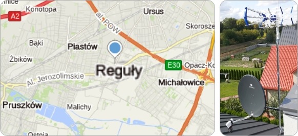 Mapa Reguł i okolic powiatu pruszkowskiego - tu realizujemy fachowe usługi serwisu, naprawy, montażu i ustawiania anten TV naziemnych i satelitarnych Mapa Reguł i regionu - usługi RTV-SAT, montaż, serwis i regulacja anten tv