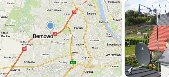 Mapa dzielnicy Bemowo i okolic - tu fachowe usługi serwisu, naprawy, montażu i ustawiania anten TV naziemnych i satelitarnych Bemowo w Warszawie - tu wykonujemuy usługi instalacyjne RTV-SAT, montaż, serwis i ustawianie anten tv