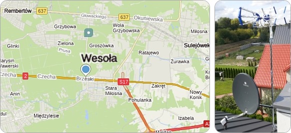 Mapa dzielnicy Wesoła i okolic - tu fachowe usługi serwisu, naprawy, montażu i ustawiania anten TV naziemnych i satelitarnych Mapa Warszawskiej dzielnicy Wesoła - tu wykonujemy usługi instalacyjne RTV-SAT, montaż, serwis i ustawianie anten tv