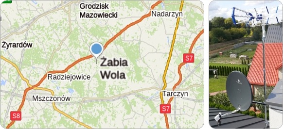 Mapa Gminy Żabia Wola i okolic - tu fachowe usługi serwisu, naprawy, montażu i regulacji anten TV naziemnych i satelitarnych Gmina Żabia Wola w powiecie grodziskim - tu realizujemy zlecenia antenowe RTV-SAT, montaż, naprawę i ustawianie anten tv